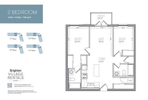 Floor plan for 2 beds, 2 baths, 796 sqft
